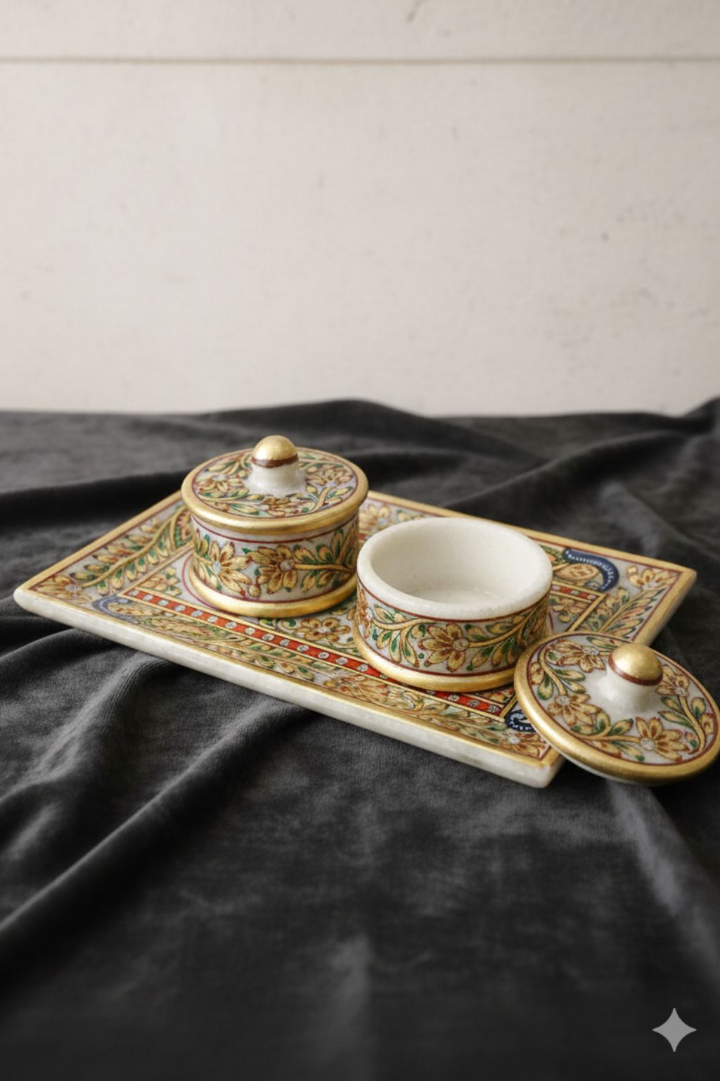 Handcrafted Marble Masala Box Set with Tray