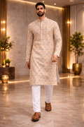 Beige Floral Sequence Work Party Wear Long Kurta
