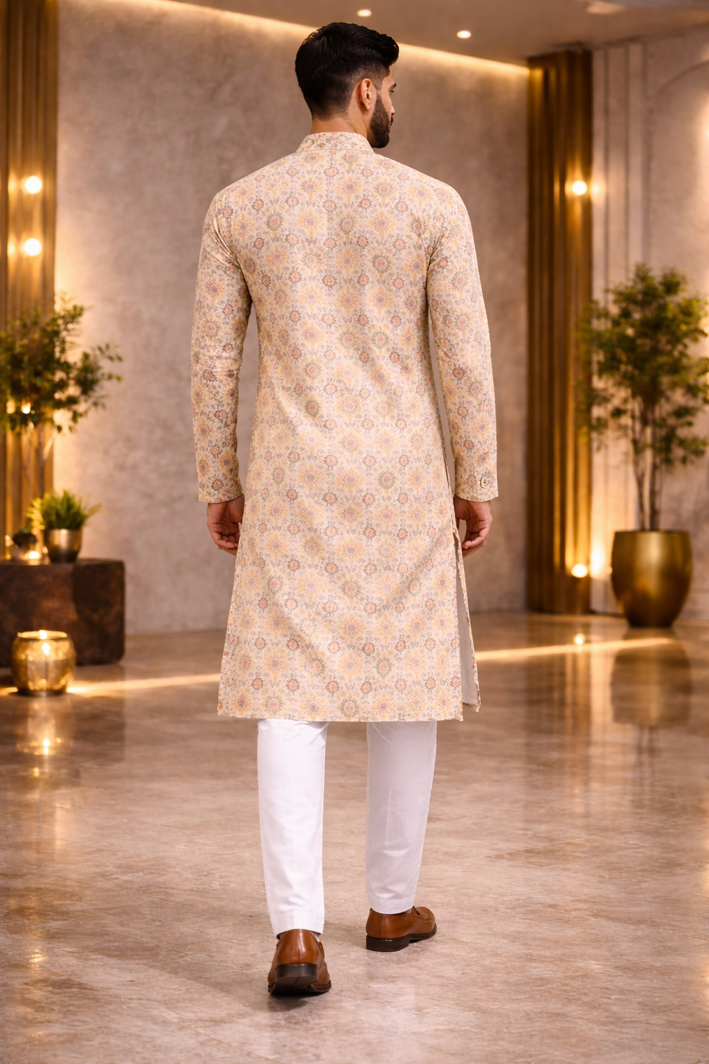 Beige Floral Sequence Work Party Wear Long Kurta