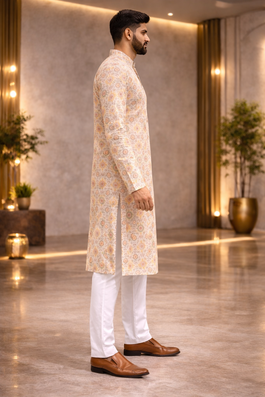 Beige Floral Sequence Work Party Wear Long Kurta