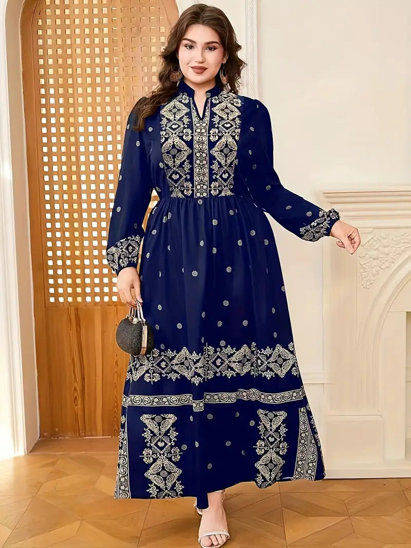 Navy Blue & Golden Geometric Print - Lehenga Choli