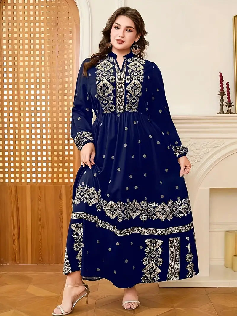 Navy Blue & Golden Geometric Print - Lehenga Choli
