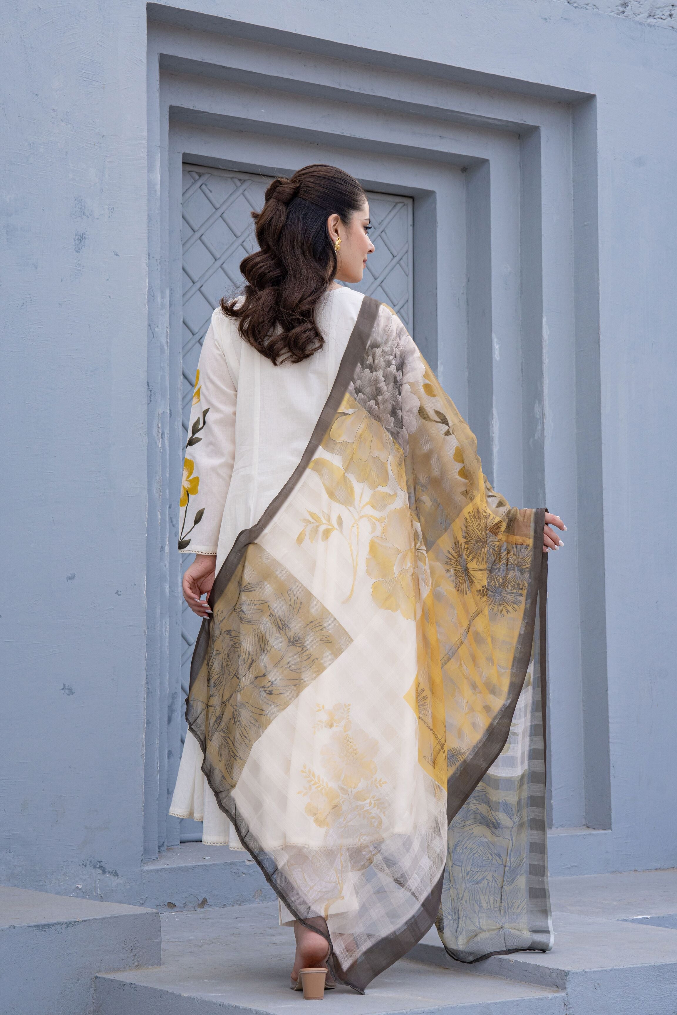 White Hand Painted Anarkali Kurta Pant With Kota Doria Dupatta