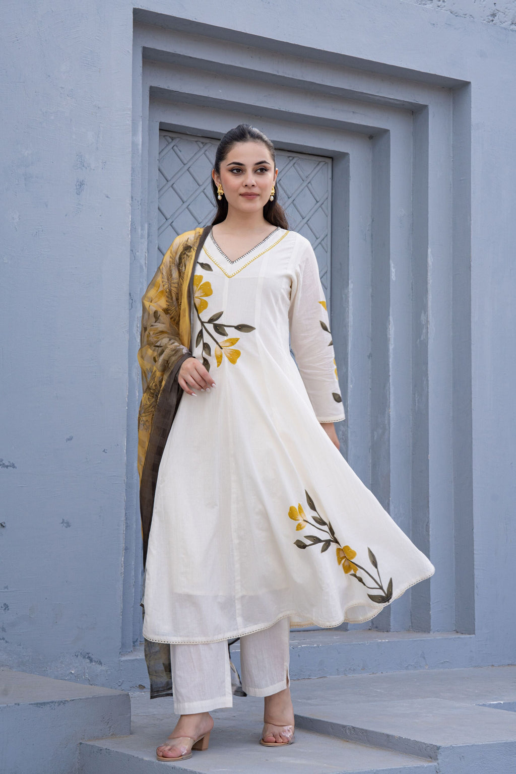 White Hand Painted Anarkali Kurta Pant With Kota Doria Dupatta
