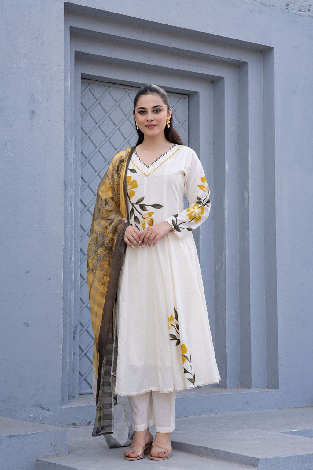 White Hand Painted Anarkali Kurta Pant With Kota Doria Dupatta