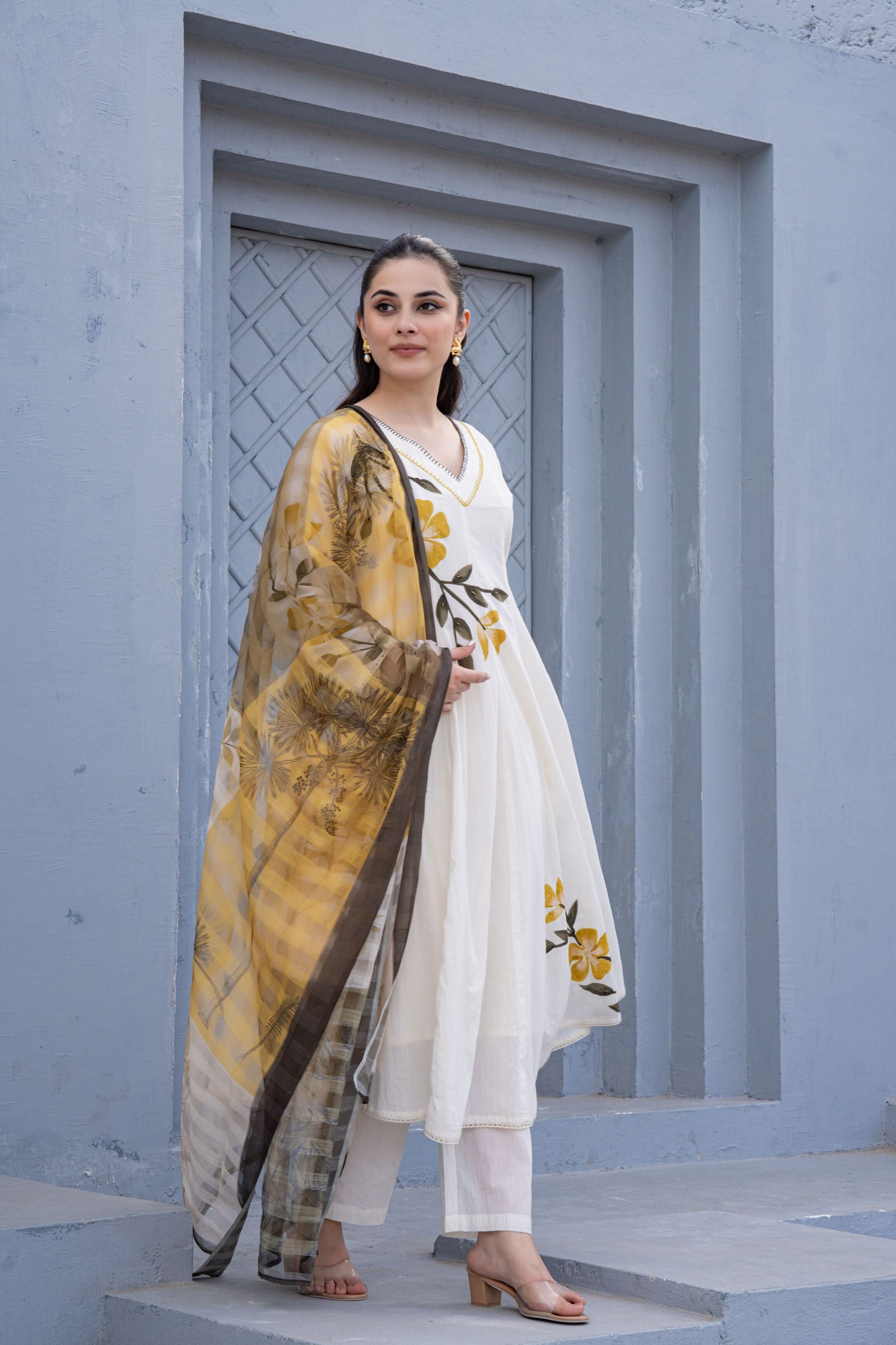 White Hand Painted Anarkali Kurta Pant With Kota Doria Dupatta