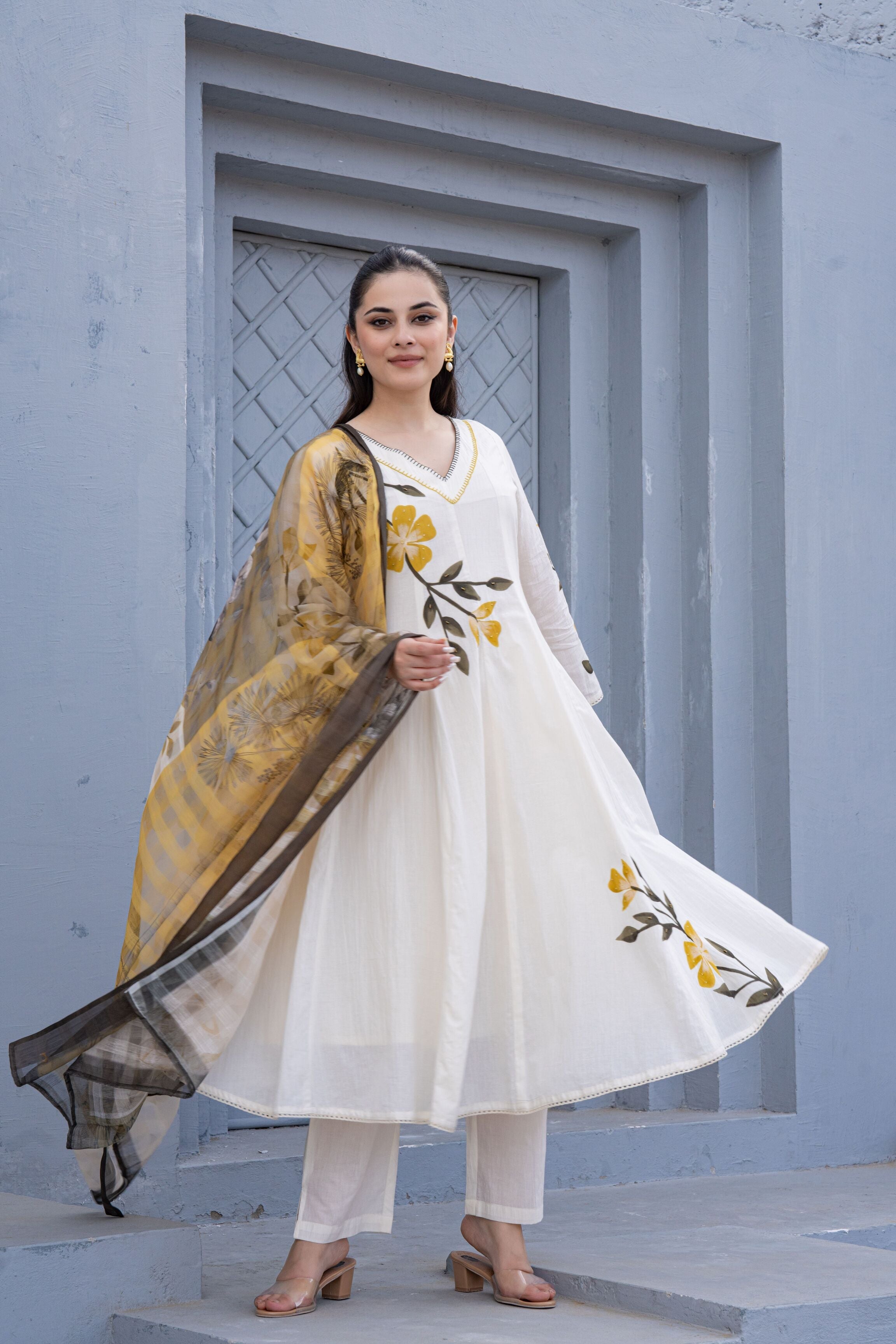 White Hand Painted Anarkali Kurta Pant With Kota Doria Dupatta