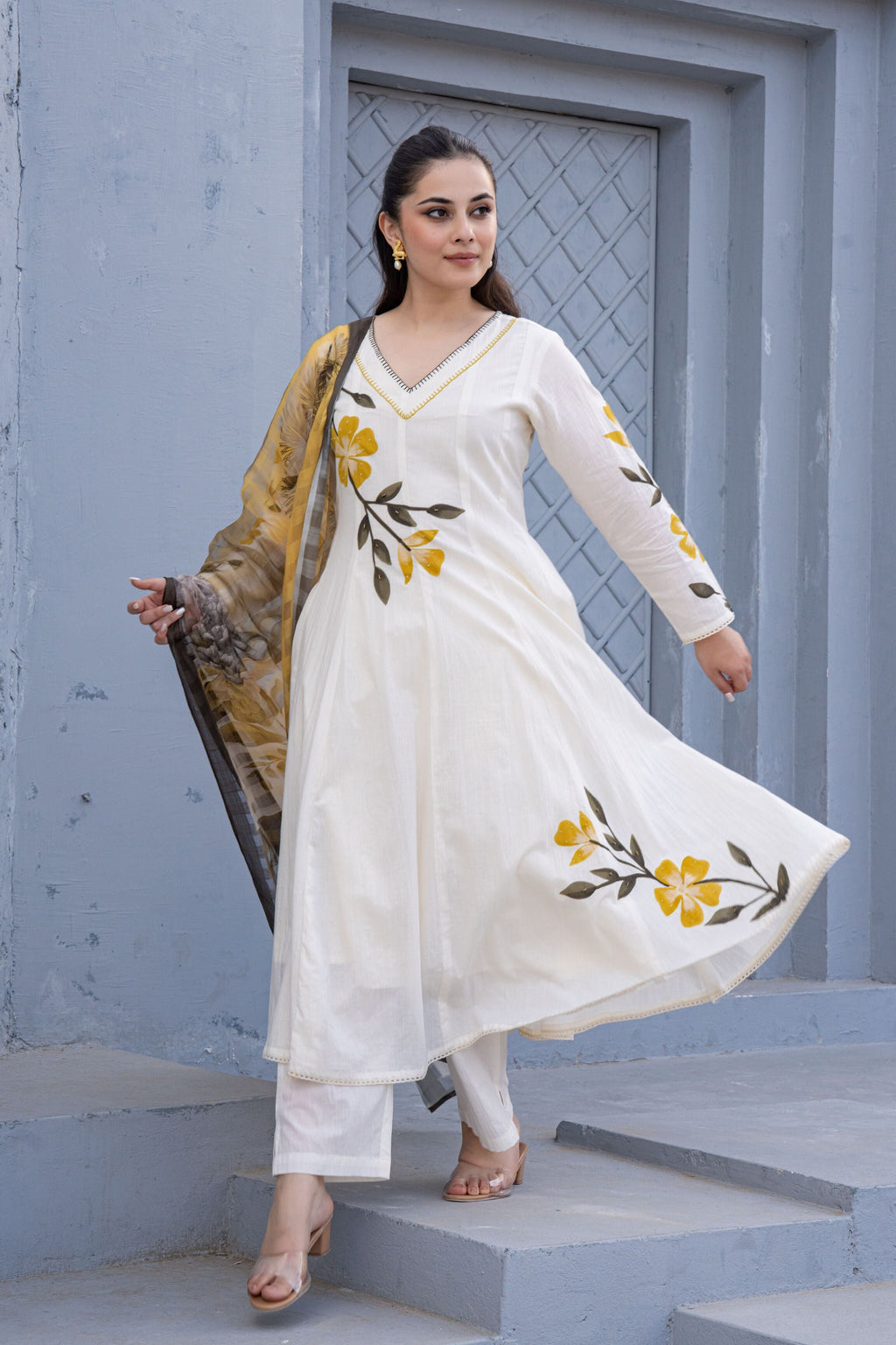 White Hand Painted Anarkali Kurta Pant With Kota Doria Dupatta
