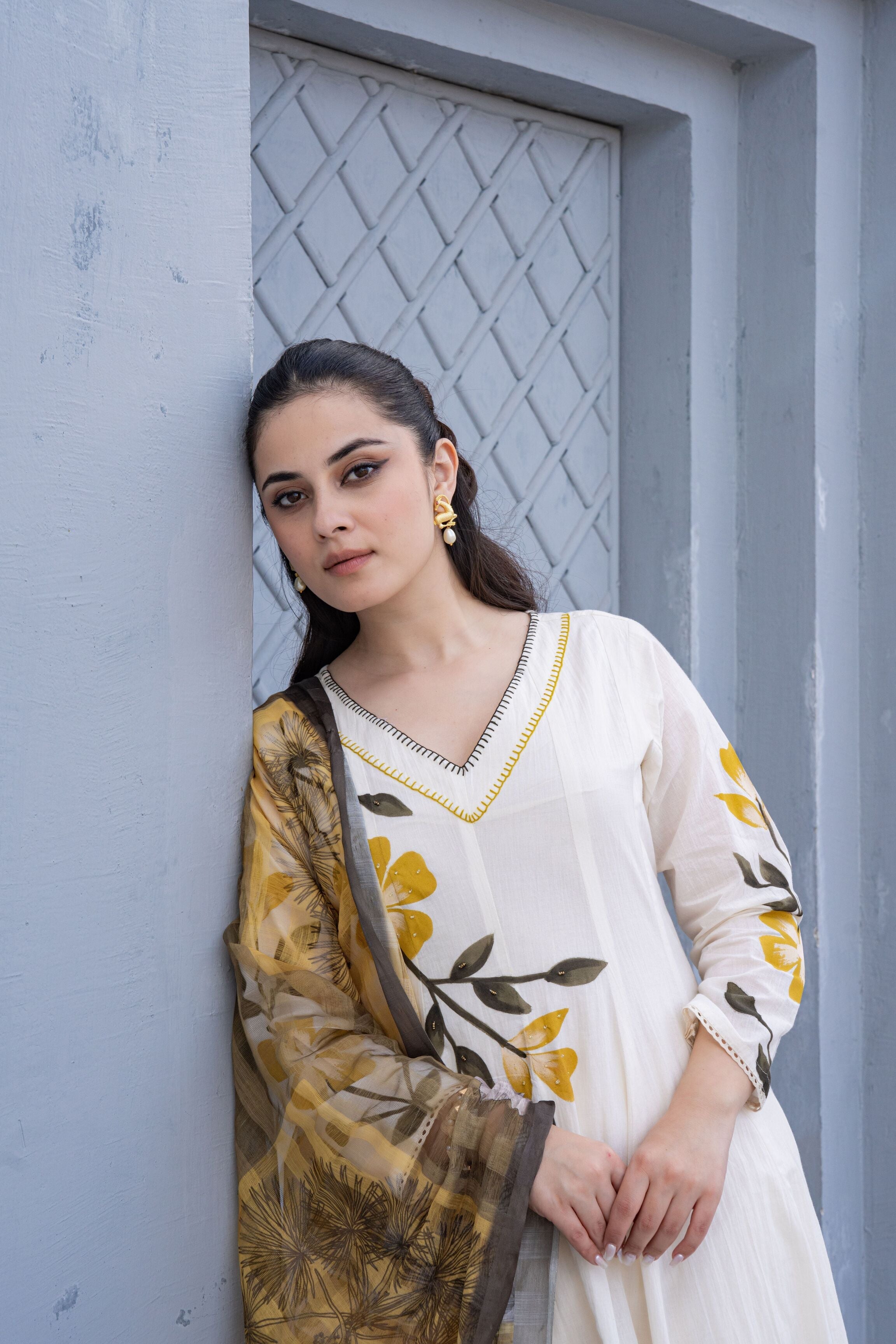 White Hand Painted Anarkali Kurta Pant With Kota Doria Dupatta