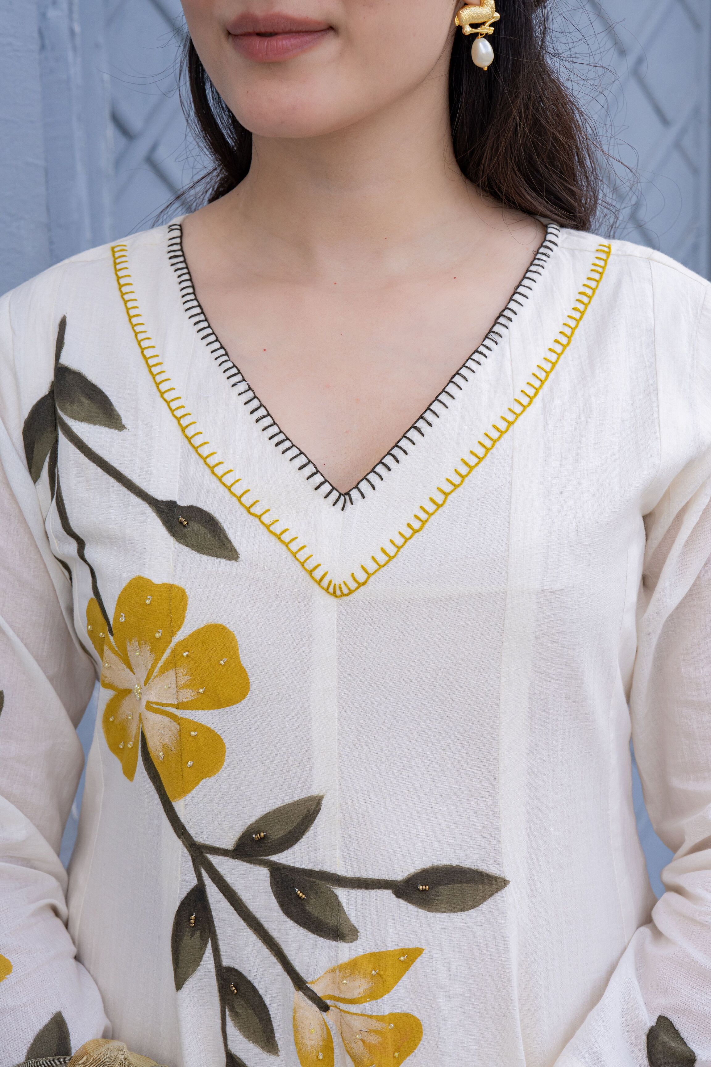 White Hand Painted Anarkali Kurta Pant With Kota Doria Dupatta