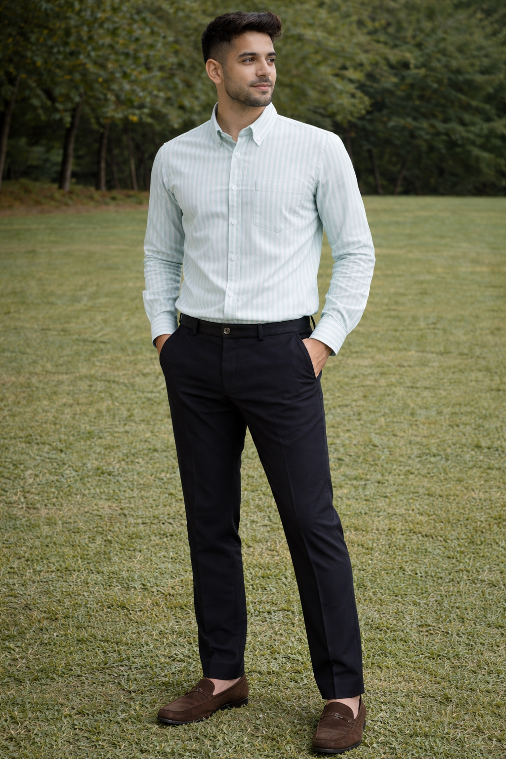 Green Striped Oxford Regular Fit Casual Shirt (Full Sleeves)