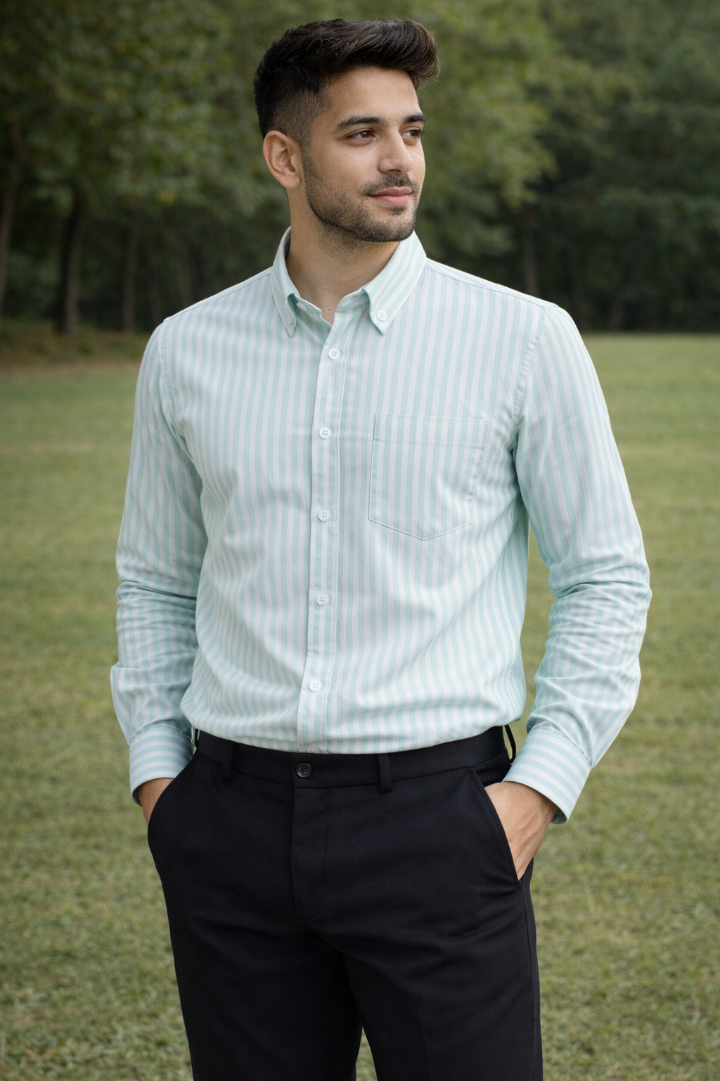 Green Striped Oxford Regular Fit Casual Shirt (Full Sleeves)