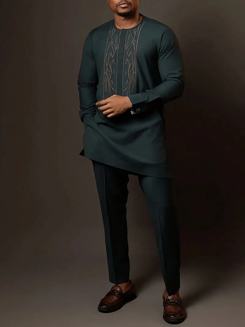 Malachite Green - Embroidered Patchwork Men's Traditional Attire Set