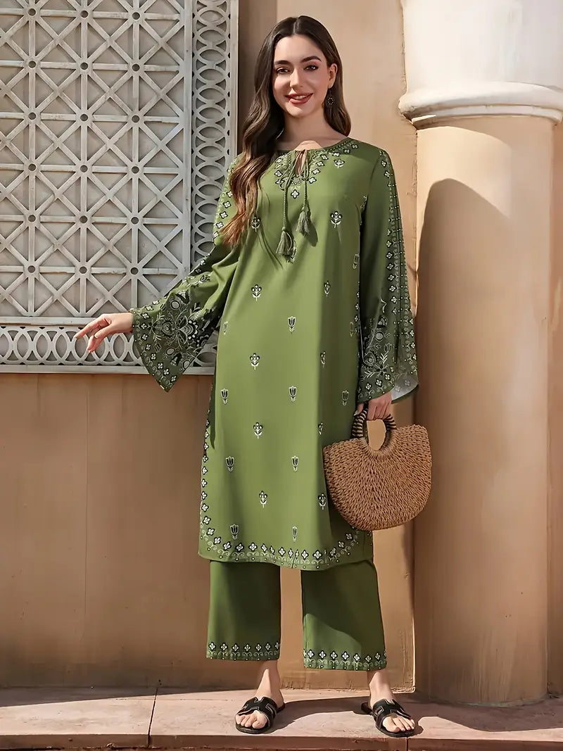 Green Floral - Women's Ethnic Pattern Dress with Pants Set