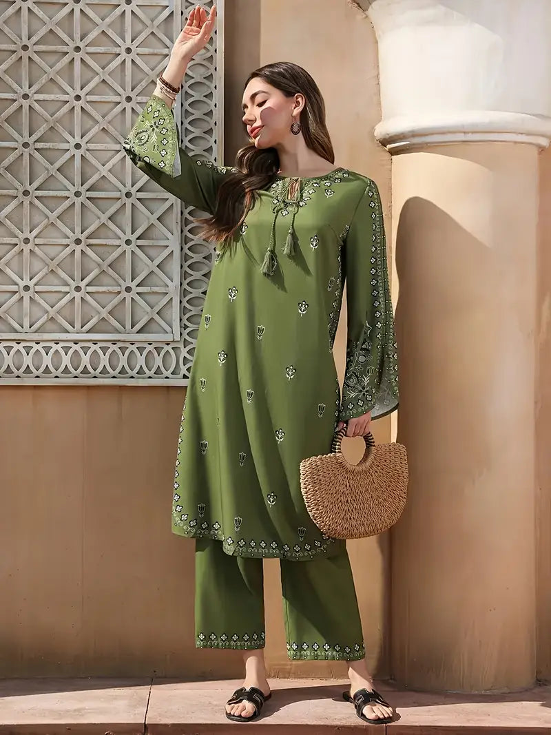 Green Floral - Women's Ethnic Pattern Dress with Pants Set