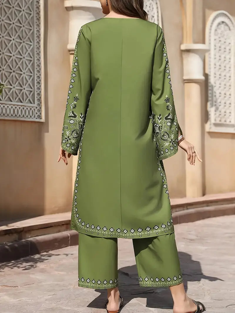 Green Floral - Women's Ethnic Pattern Dress with Pants Set