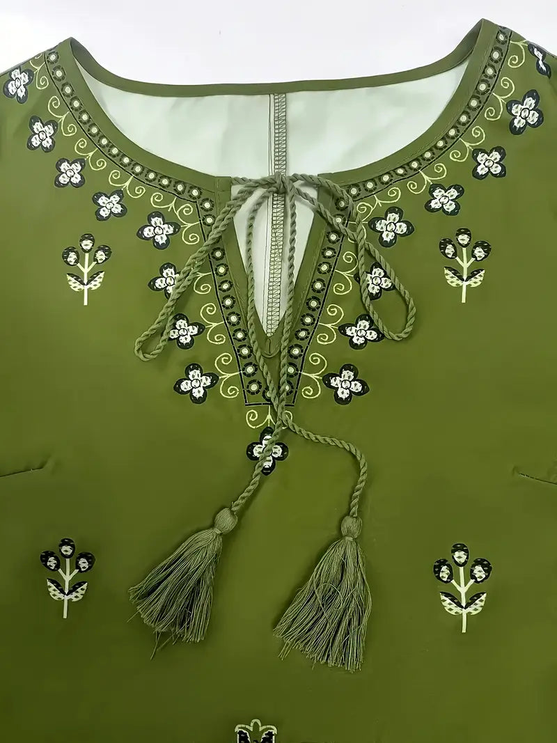 Green Floral - Women's Ethnic Pattern Dress with Pants Set