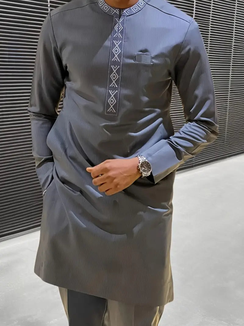 Light Grey - Geometric Pattern Dashiki & Drawstring Solid Pants