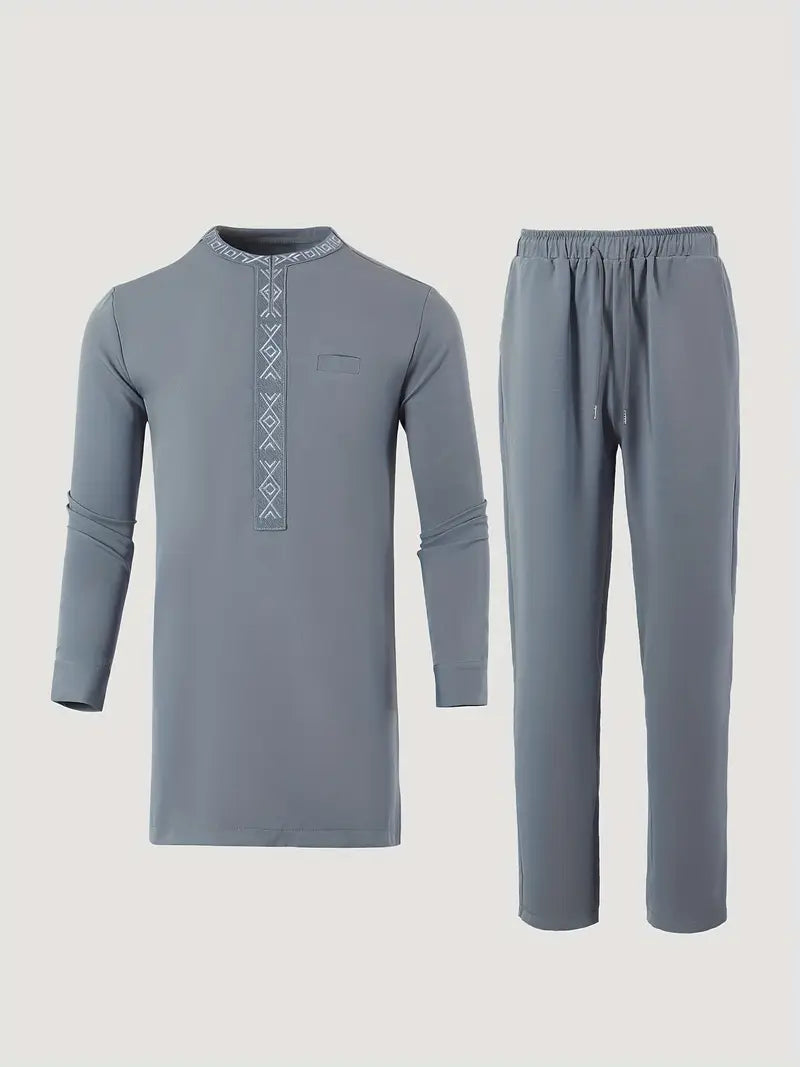 Light Grey - Geometric Pattern Dashiki & Drawstring Solid Pants