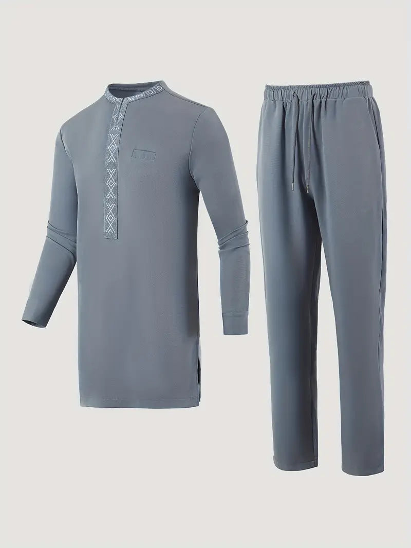 Light Grey - Geometric Pattern Dashiki & Drawstring Solid Pants