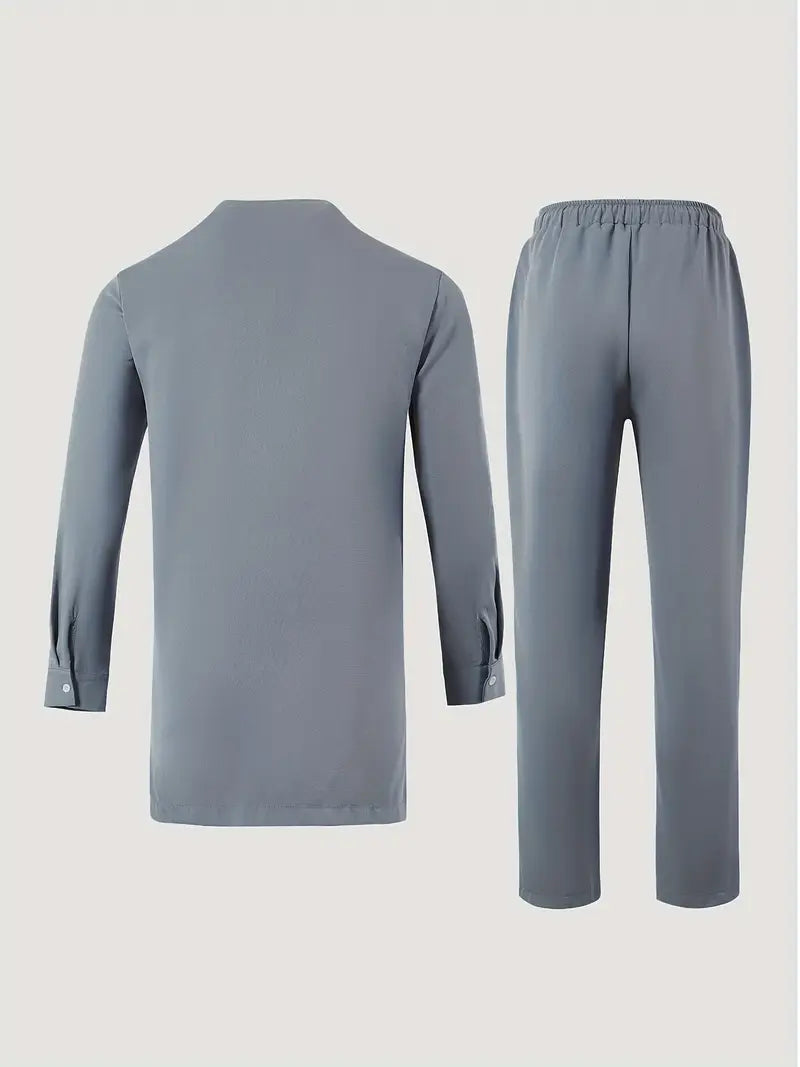 Light Grey - Geometric Pattern Dashiki & Drawstring Solid Pants