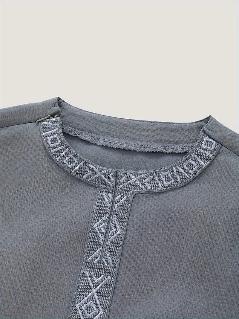 Light Grey - Geometric Pattern Dashiki & Drawstring Solid Pants