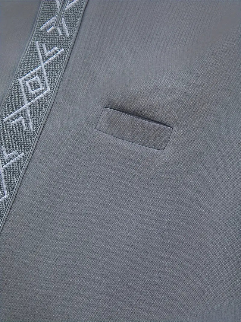 Light Grey - Geometric Pattern Dashiki & Drawstring Solid Pants