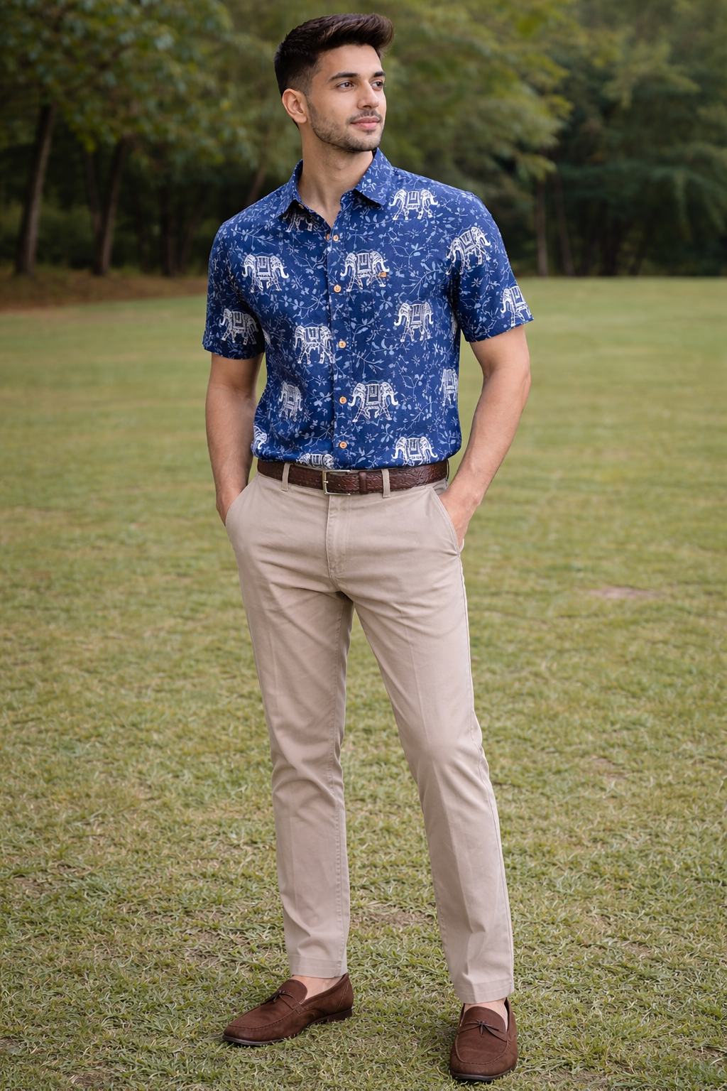 Indigo Big Elephant Print Cotton Regular Fit Casual Shirt (Half Sleeves)