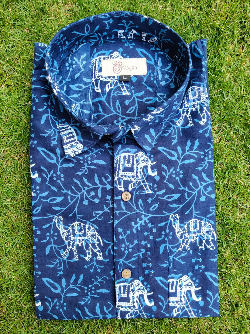 Indigo Big Elephant Print Cotton Regular Fit Casual Shirt (Half Sleeves)