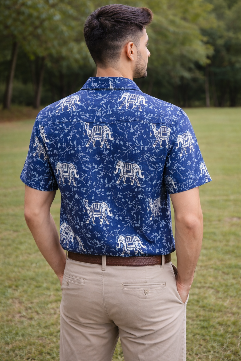 Indigo Big Elephant Print Cotton Regular Fit Casual Shirt (Half Sleeves)