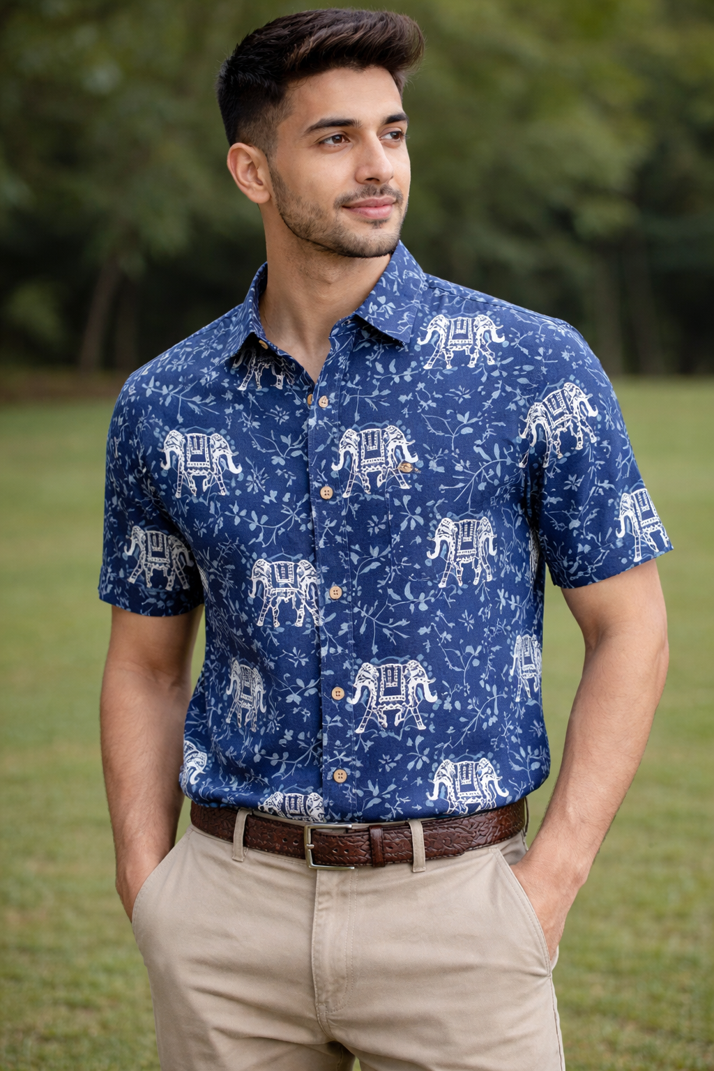 Indigo Big Elephant Print Cotton Regular Fit Casual Shirt (Half Sleeves)