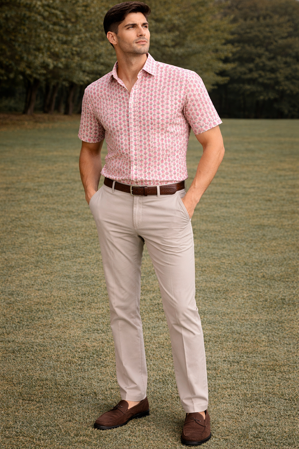 Pink Floral Print Cotton Regular Fit Casual Shirt (Half Sleeves)