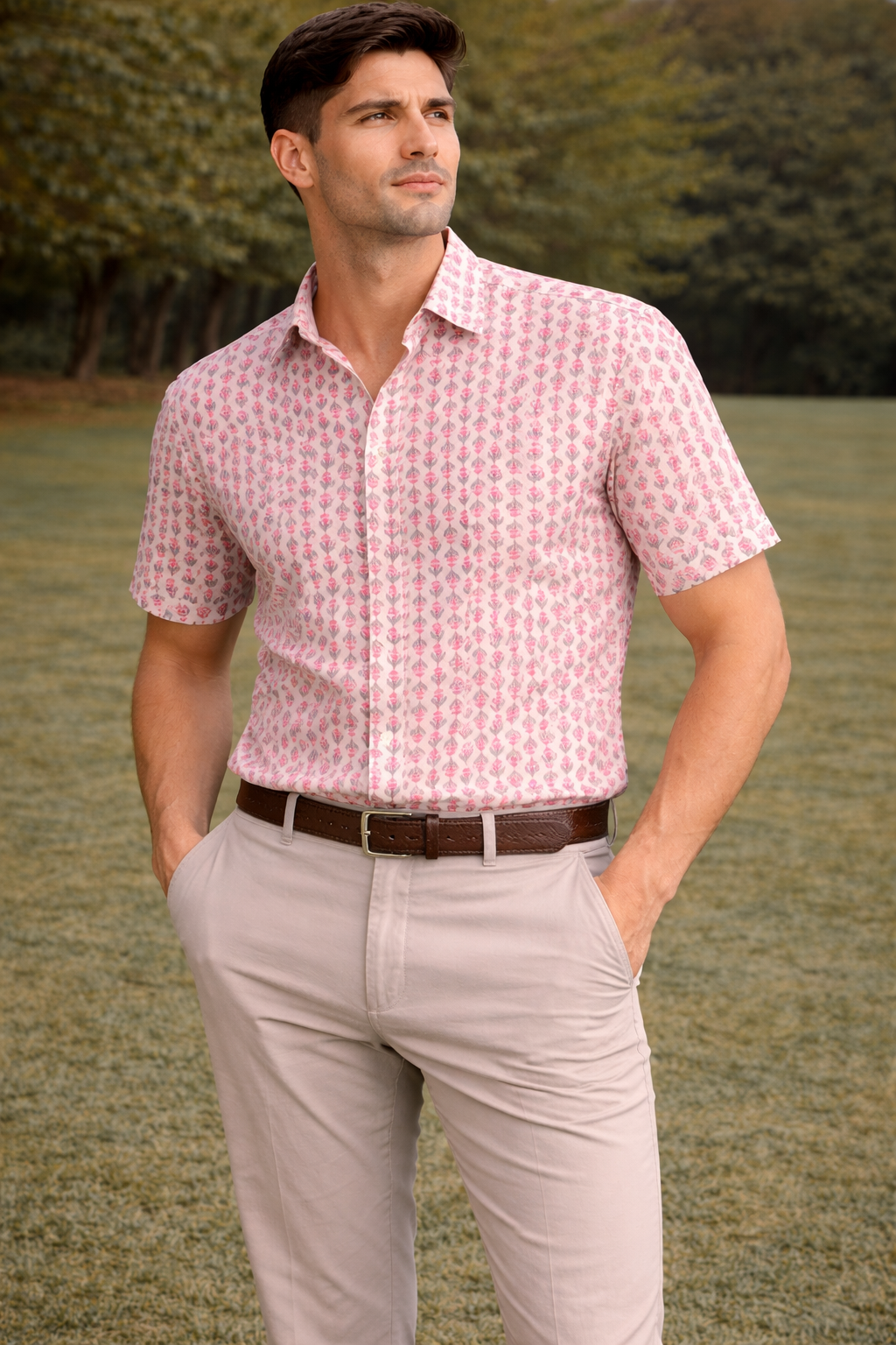 Pink Floral Print Cotton Regular Fit Casual Shirt (Half Sleeves)