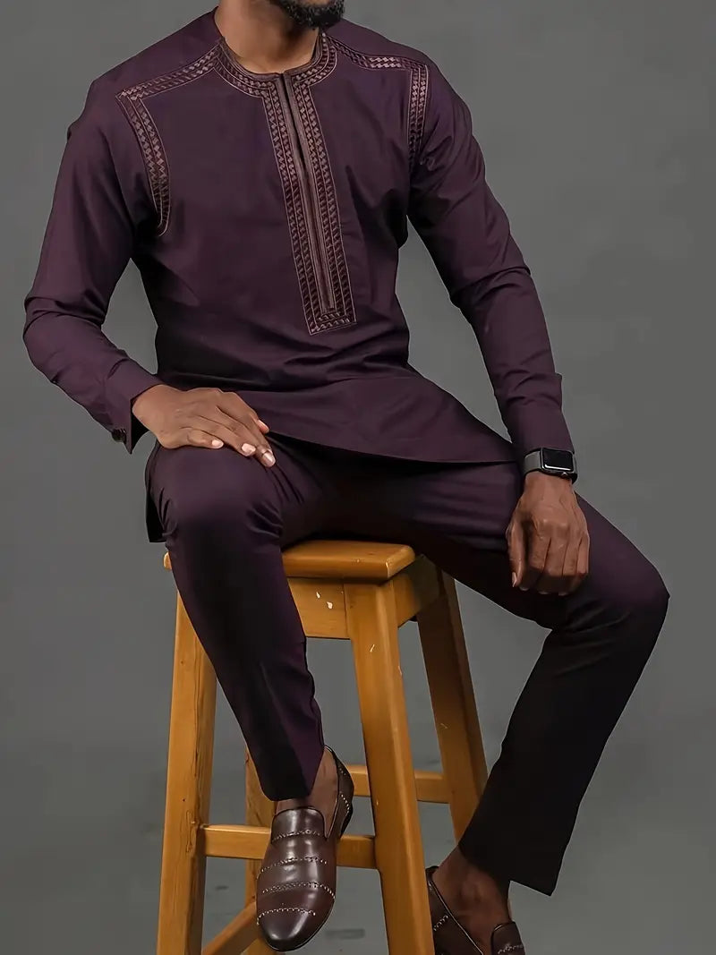 Crimson Purple - Embroidered Patchwork Men's Traditional Attire Set