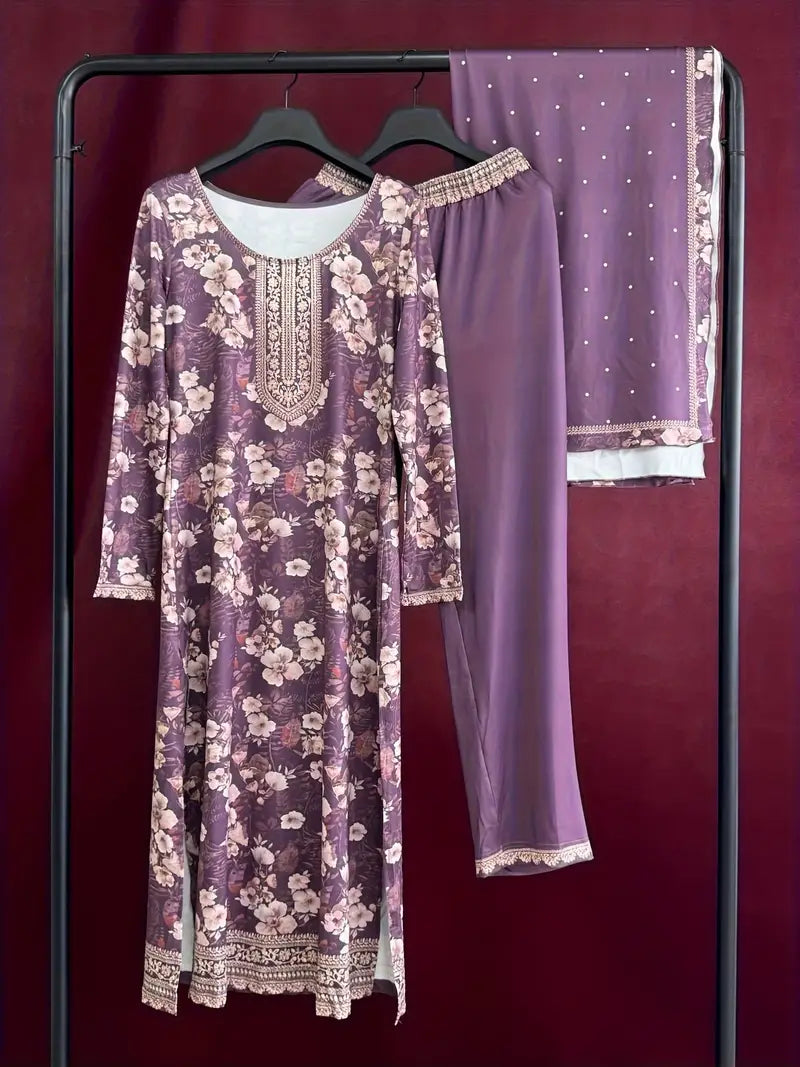 Fuchsia Purple - Tribal Pattern Print Three-Piece Outfit with Tribal Pattern Print