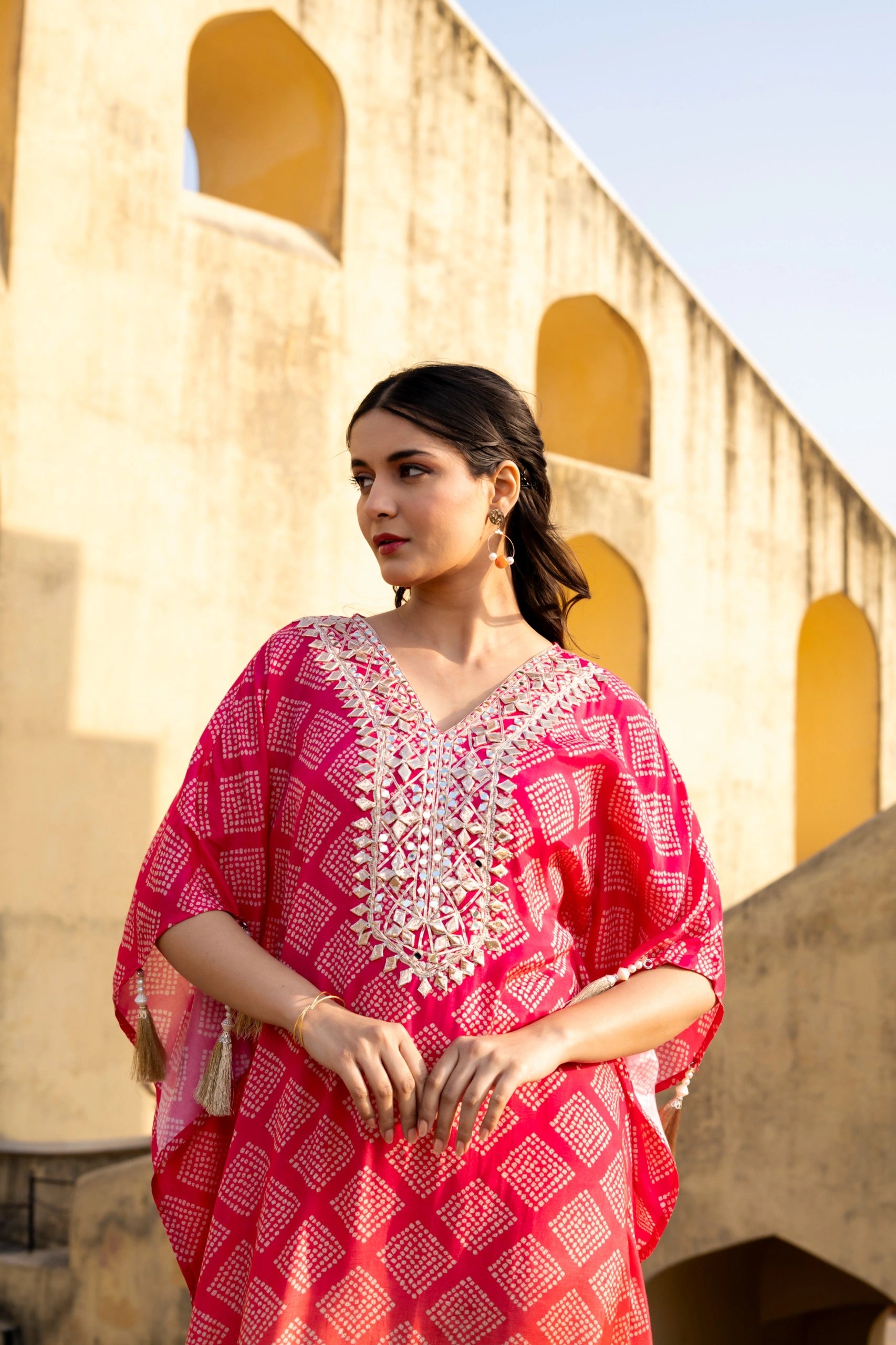 Red Bhandej Muslin Kaftan Co-Ord Set