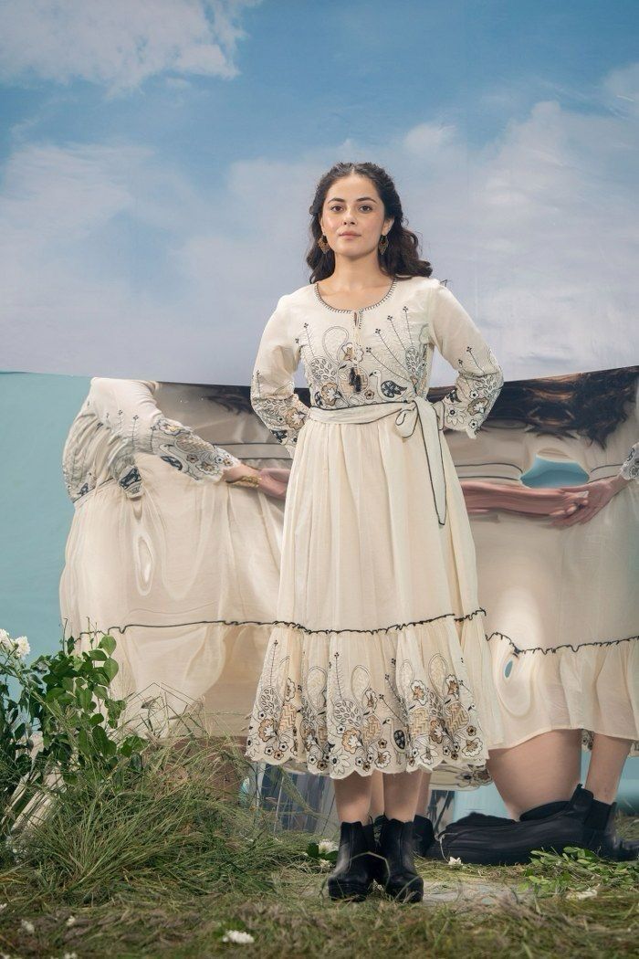 Black and White Cotton Embroidered Dress with Belt