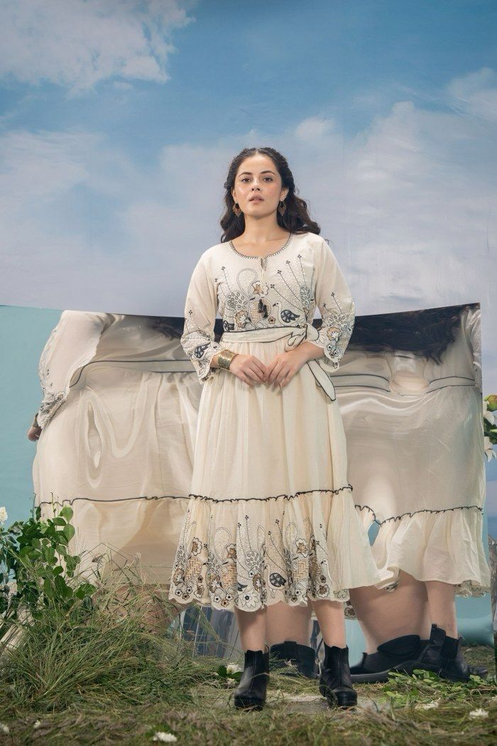 Black and White Cotton Embroidered Dress with Belt