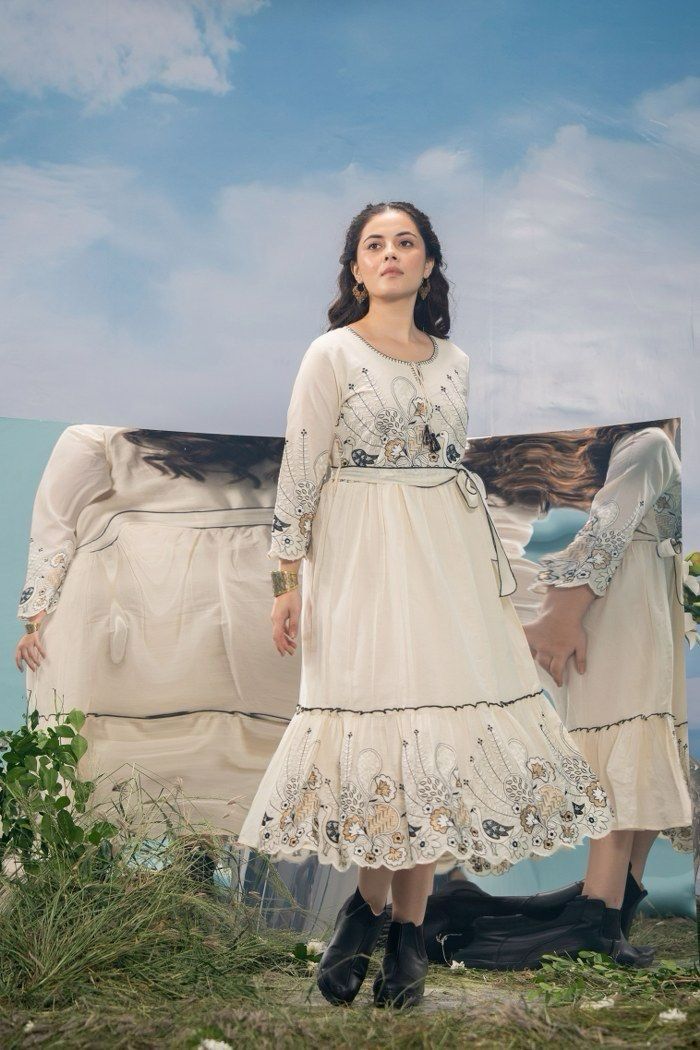 Black and White Cotton Embroidered Dress with Belt