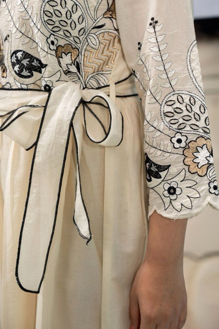 Black and White Cotton Embroidered Dress with Belt
