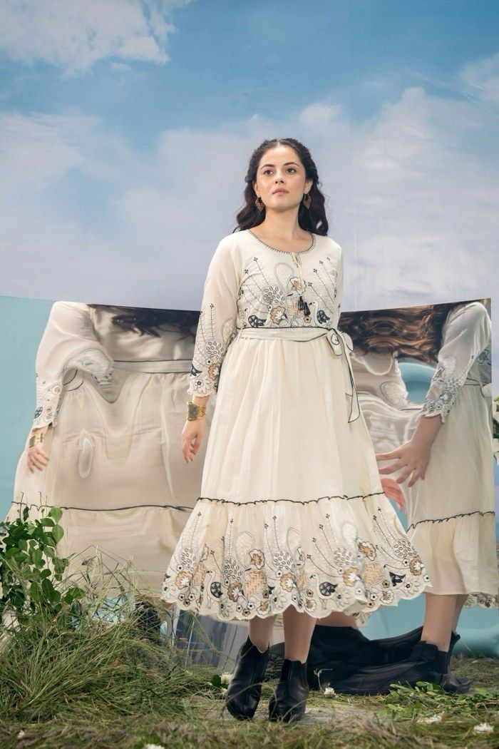 Black and White Cotton Embroidered Dress with Belt