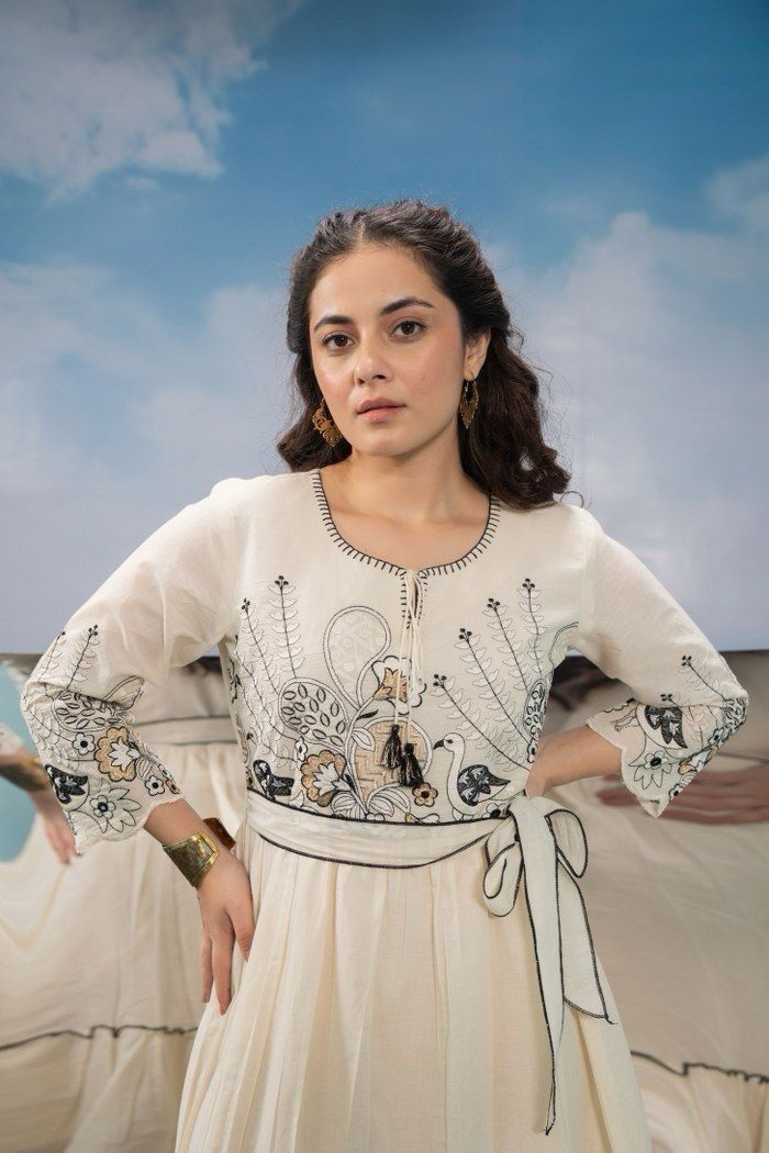 Black and White Cotton Embroidered Dress with Belt