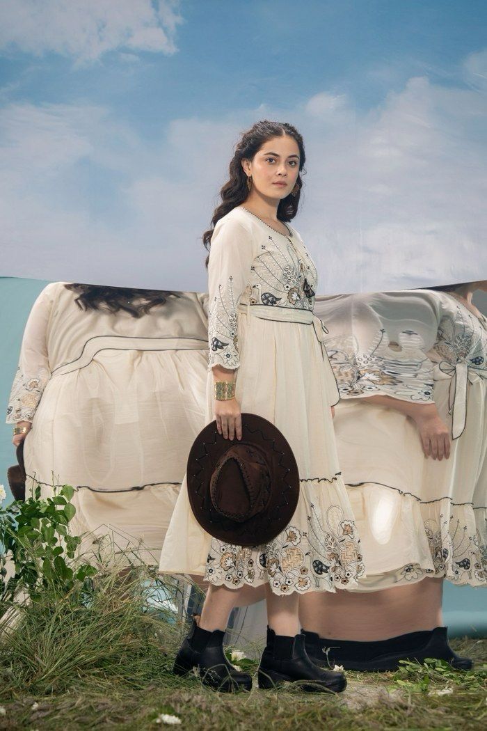 Black and White Cotton Embroidered Dress with Belt