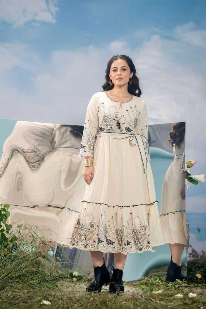 Black and White Cotton Embroidered Dress with Belt