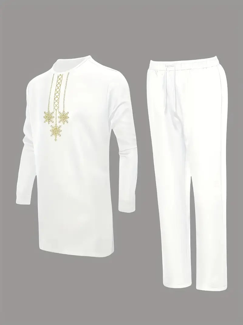 Silk White - Embroidered Patchwork Men's Traditional Attire Set