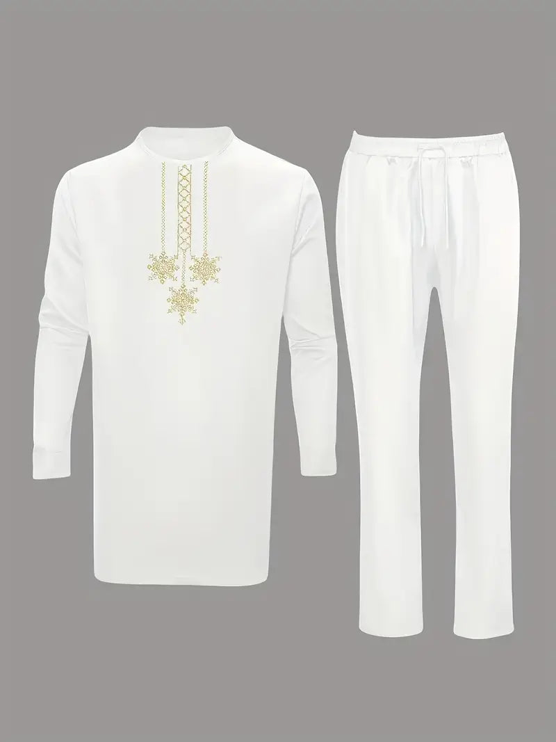 Silk White - Embroidered Patchwork Men's Traditional Attire Set