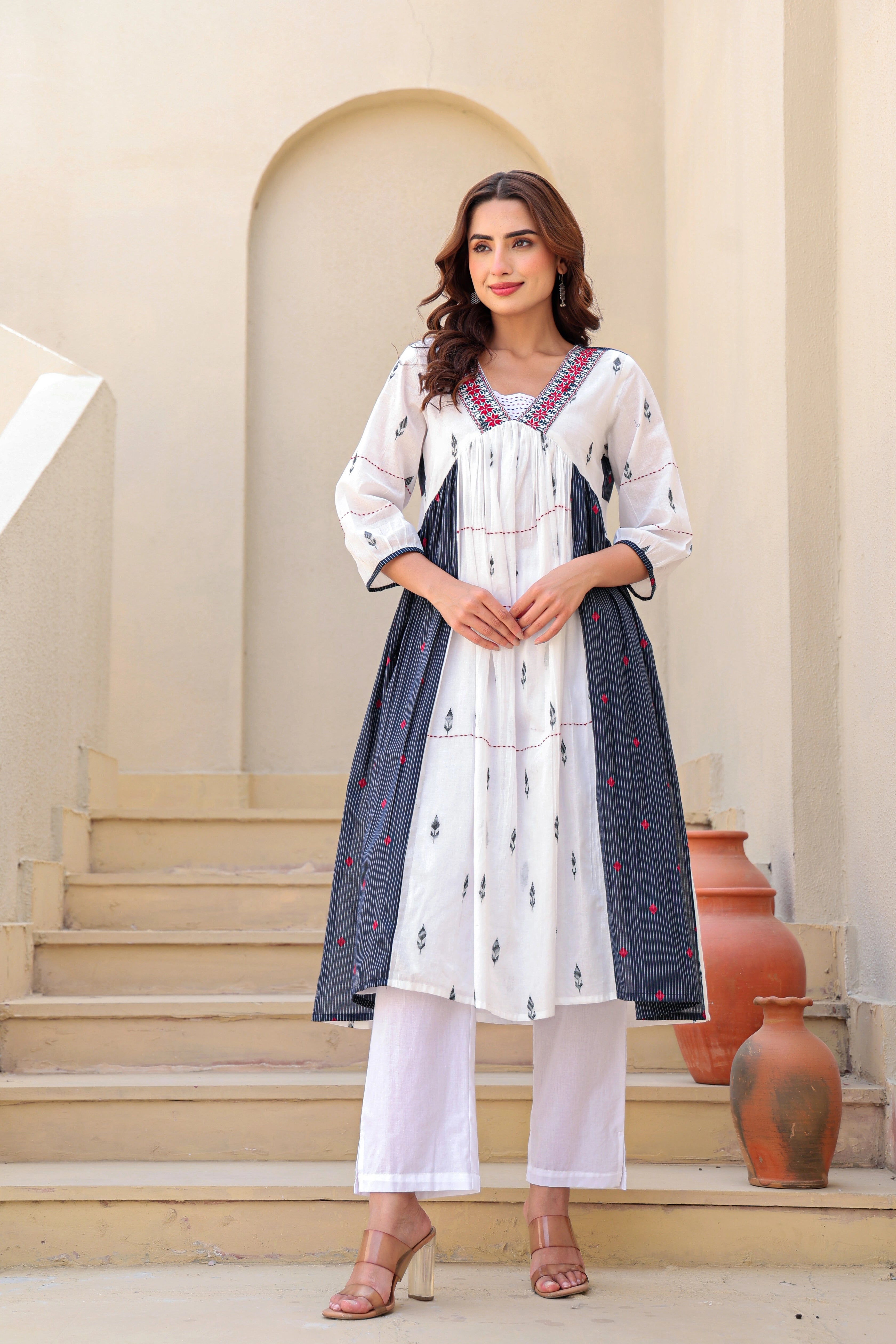 White & Indigo Aline Kurta Pent Set