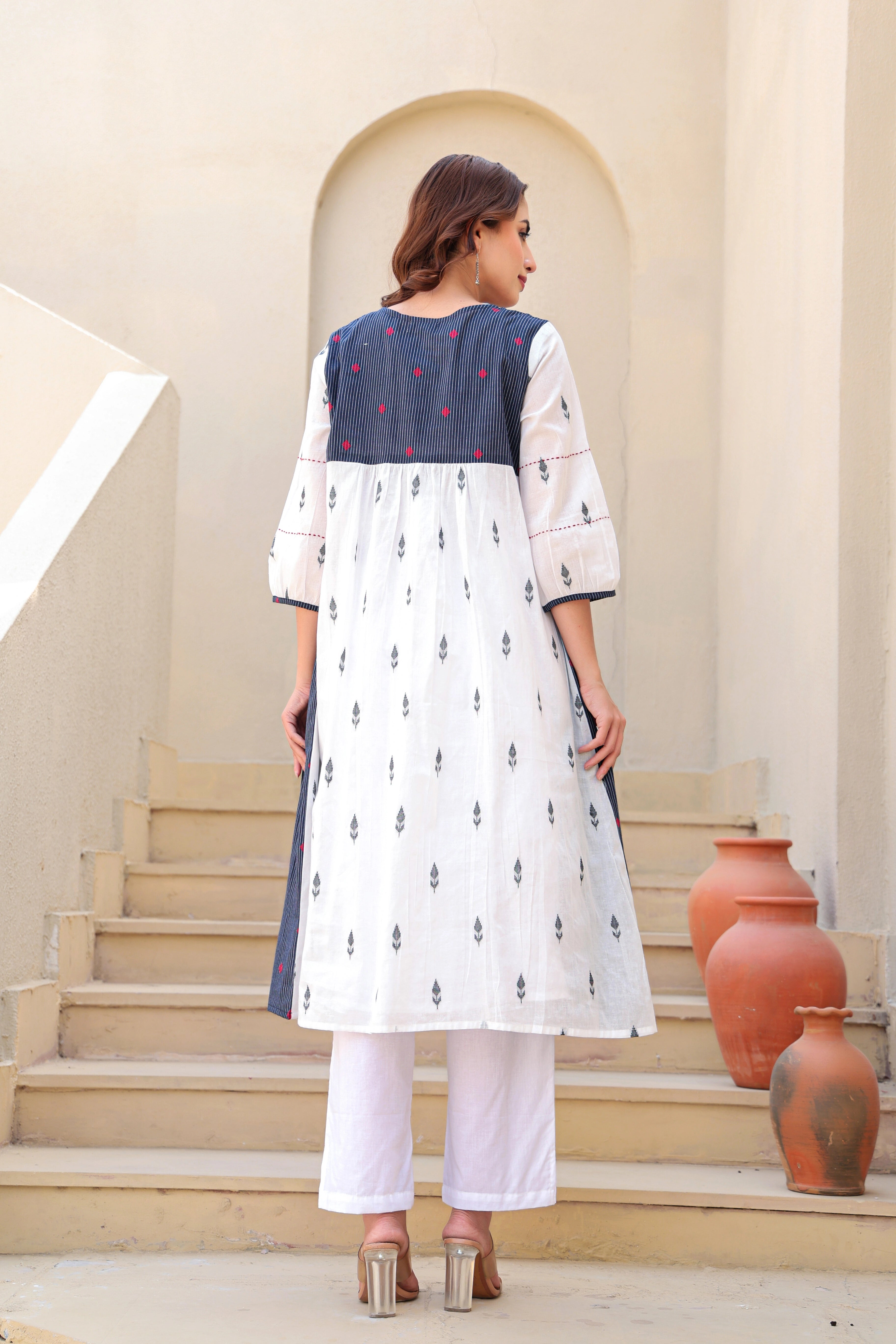 White & Indigo Aline Kurta Pent Set