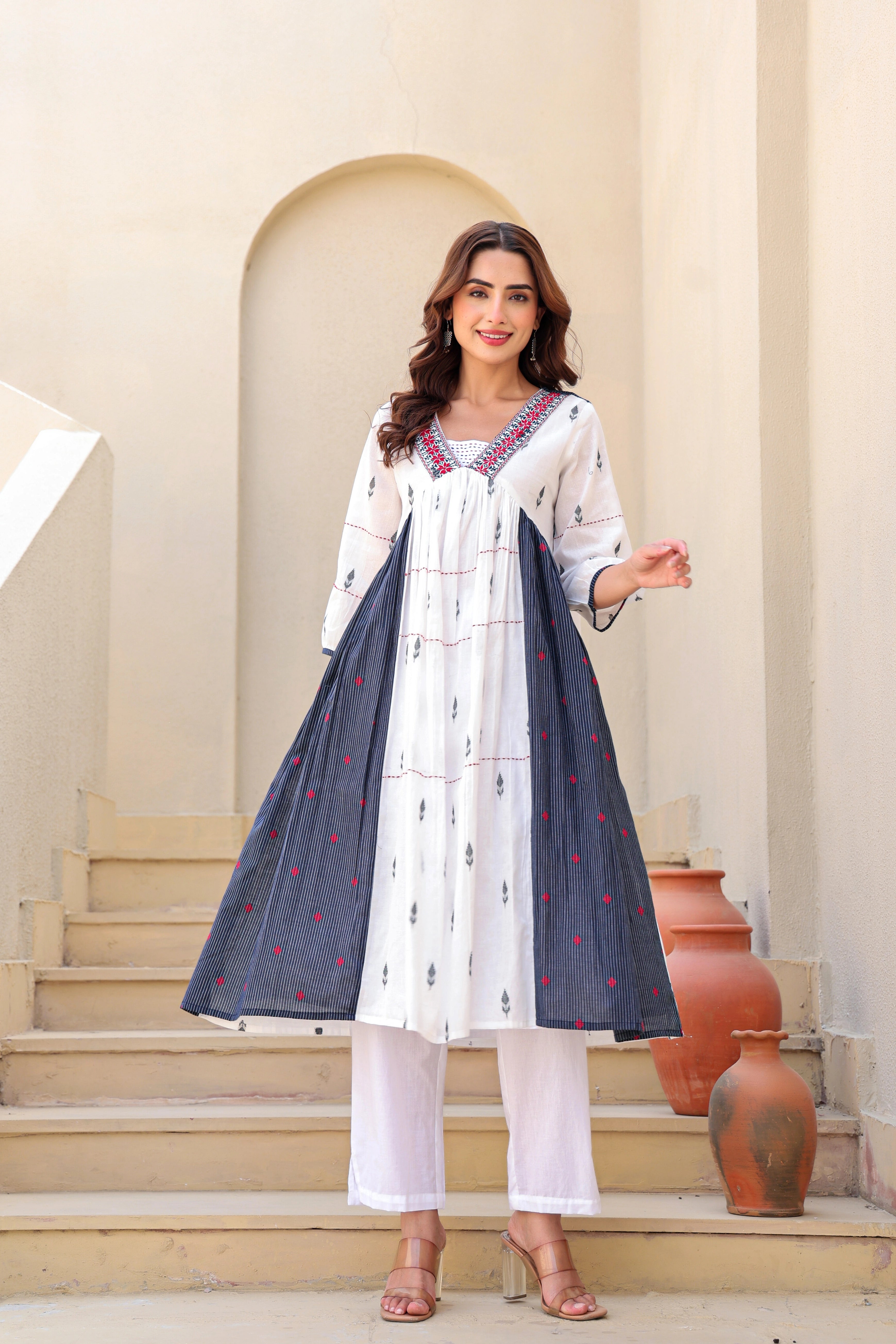 White & Indigo Aline Kurta Pent Set