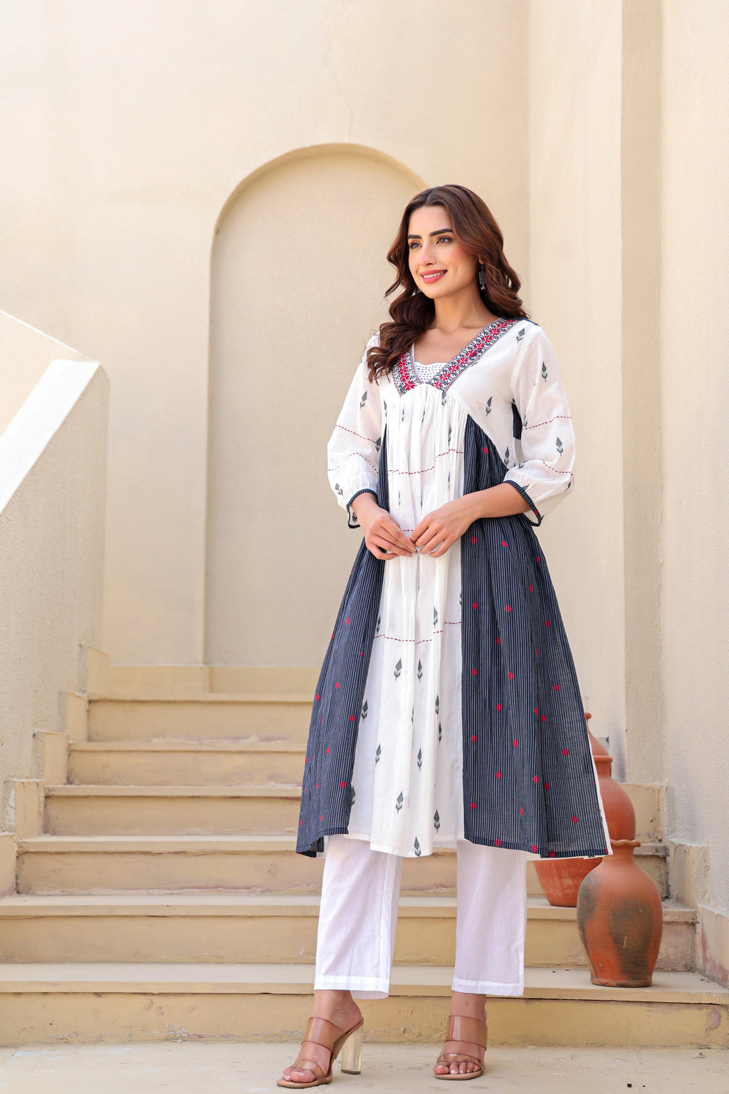 White & Indigo Aline Kurta Pent Set